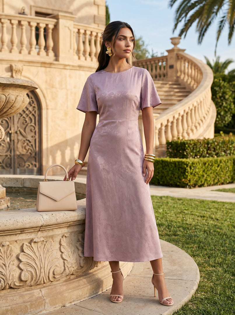 Pearl Blush: Pink Brocade Midi Dress 87382