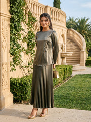 Cocoa Elegance: Satin Top & Skirt Set 76912