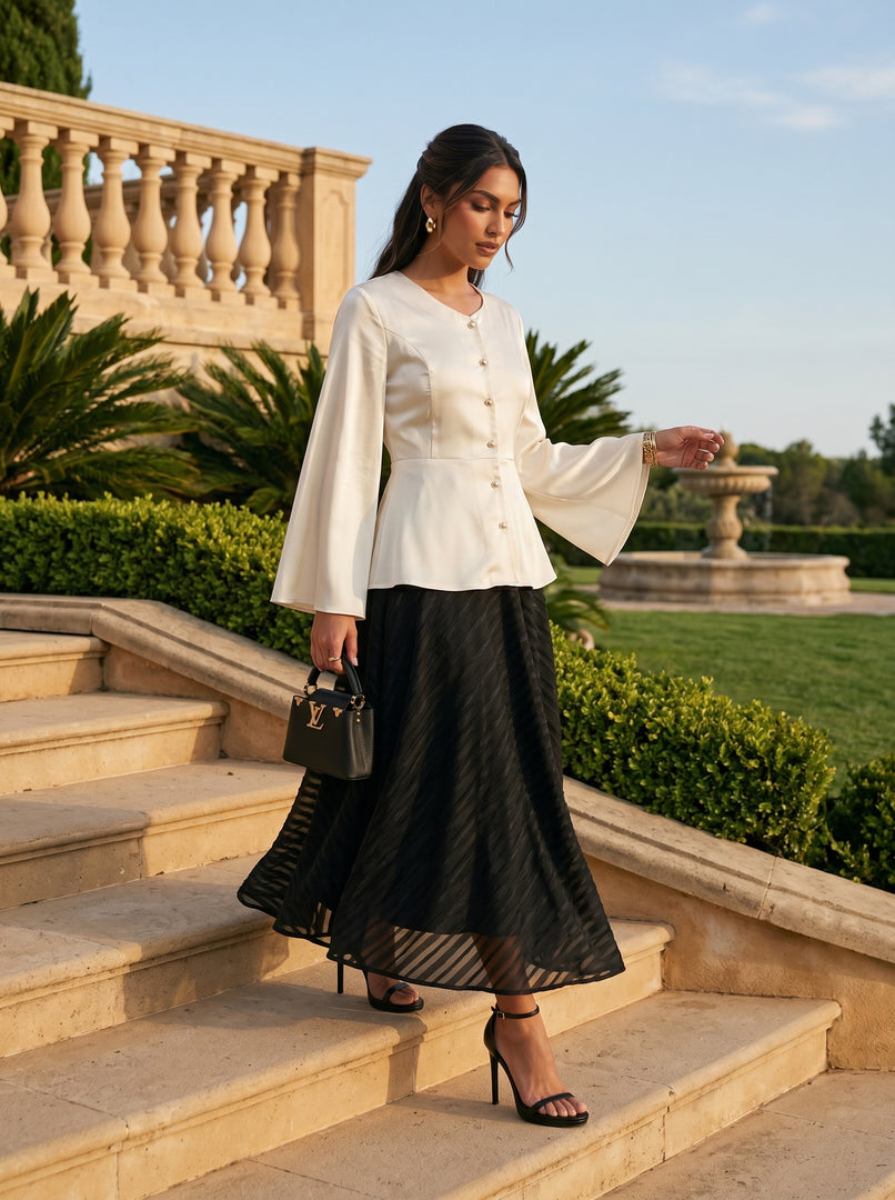Monochrome Grace: Satin Top & Brocade Skirt Set 90181