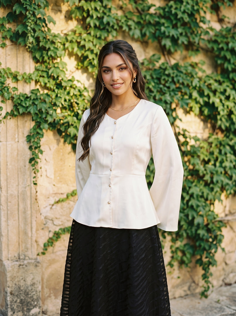 Monochrome Grace: Satin Top & Brocade Skirt Set 90181