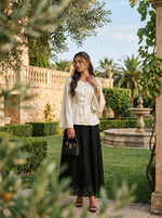 Load image into Gallery viewer, Monochrome Grace: Satin Top &amp; Brocade Skirt Set 90181