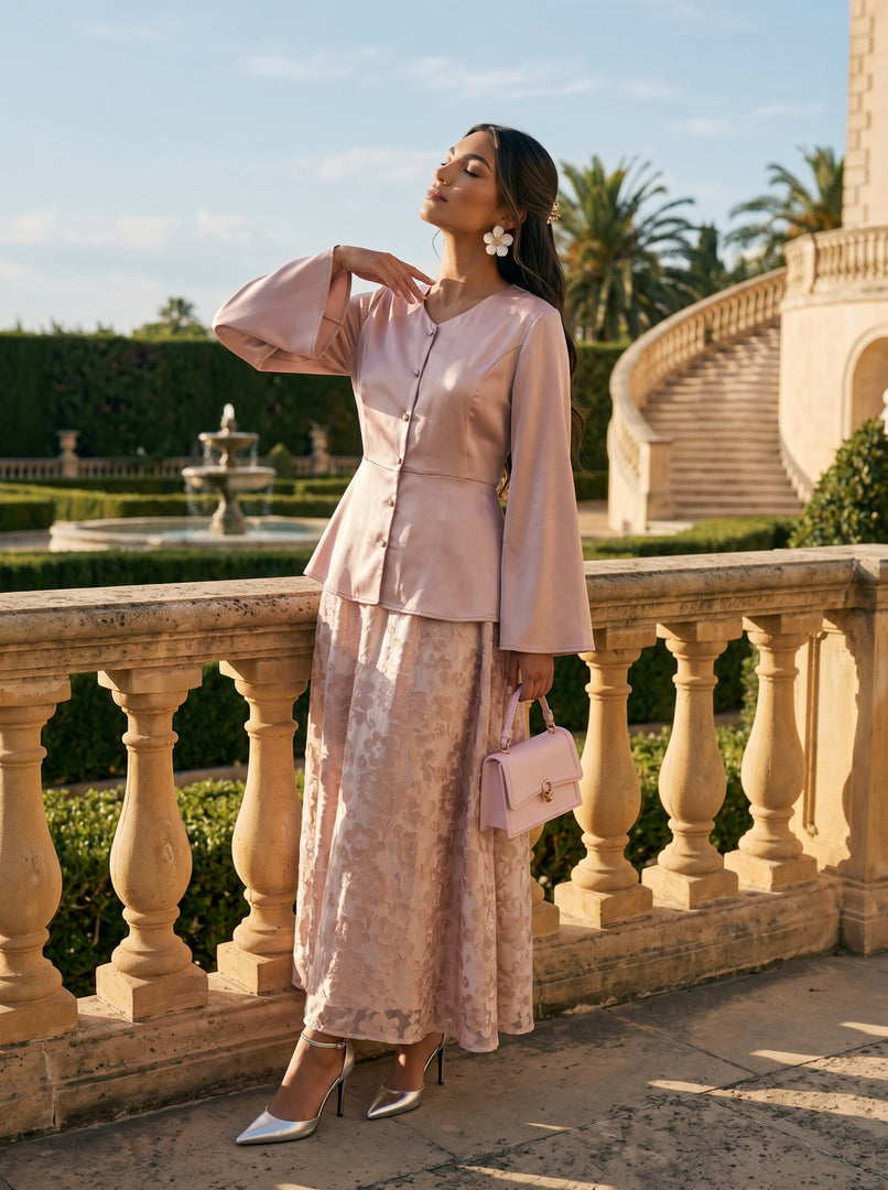 Rose Ensemble: Satin Top & Organza Brocade Skirt Set 90201