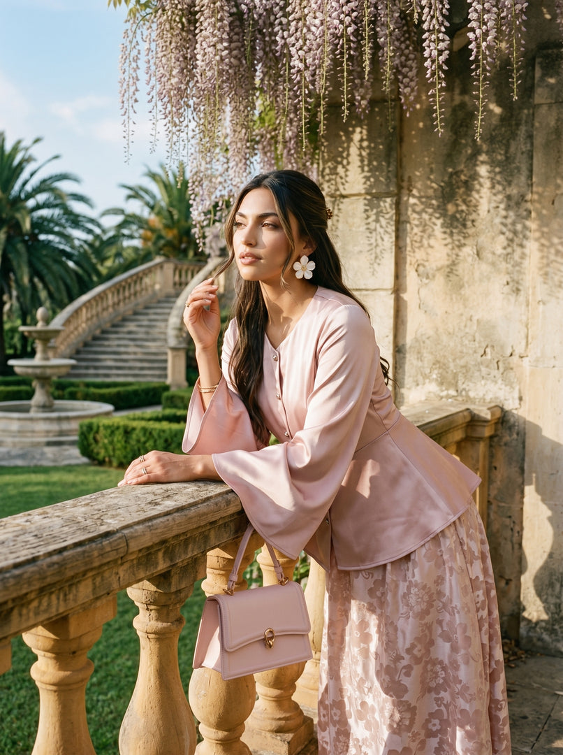 Rose Ensemble: Satin Top & Organza Brocade Skirt Set 90201