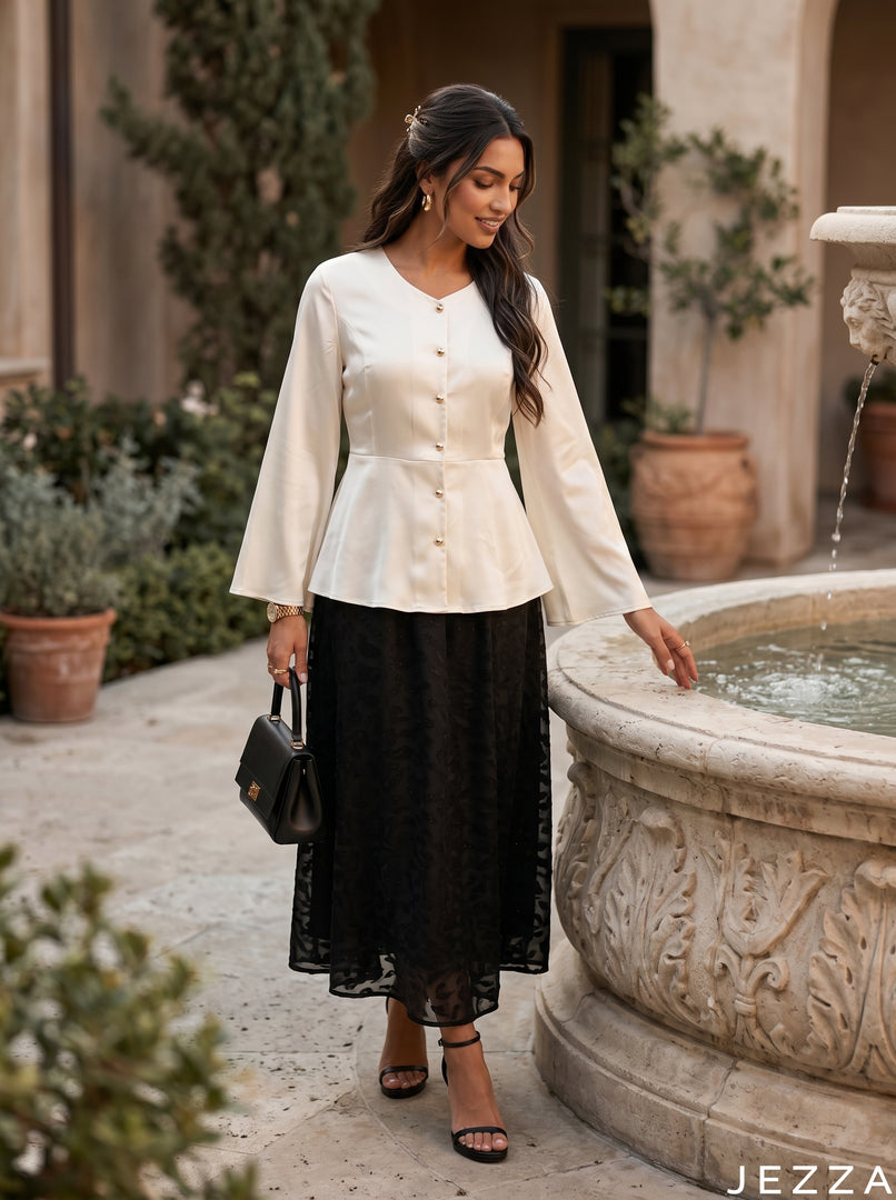 Contrast Poise: Satin Top & Brocade Skirt Set 87861