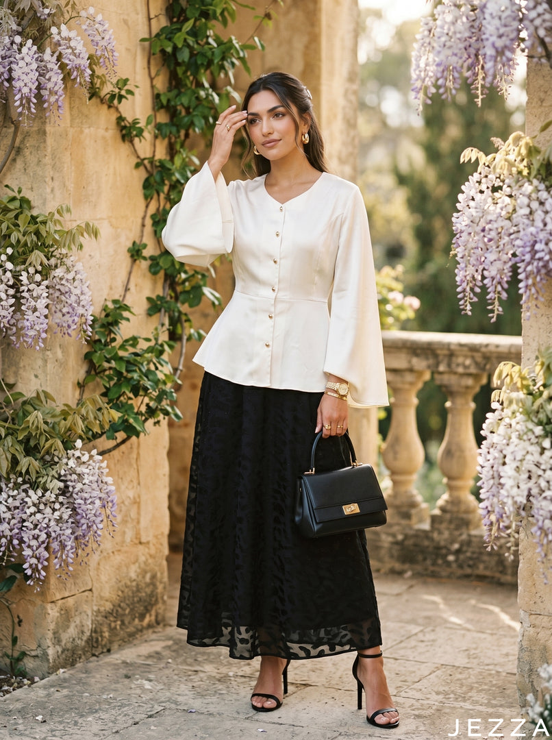 Contrast Poise: Satin Top & Brocade Skirt Set 87861