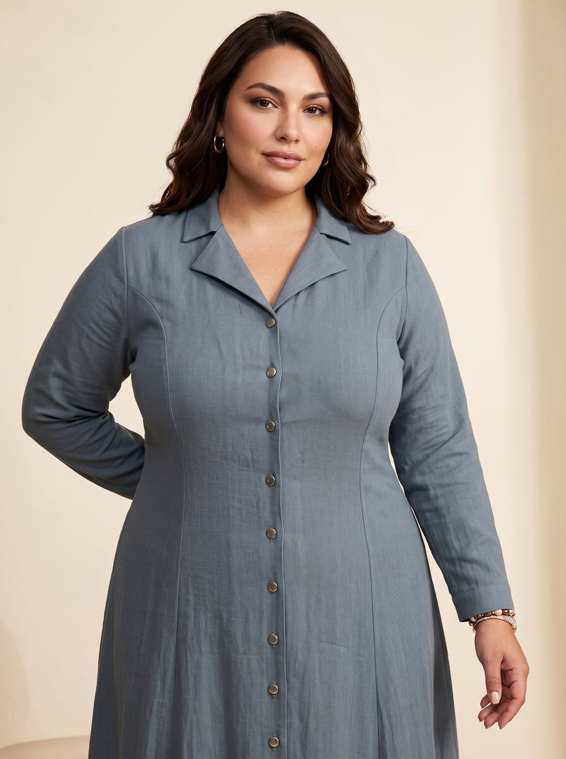 Steel Blue Lapel Collar A-Line Dress 87771