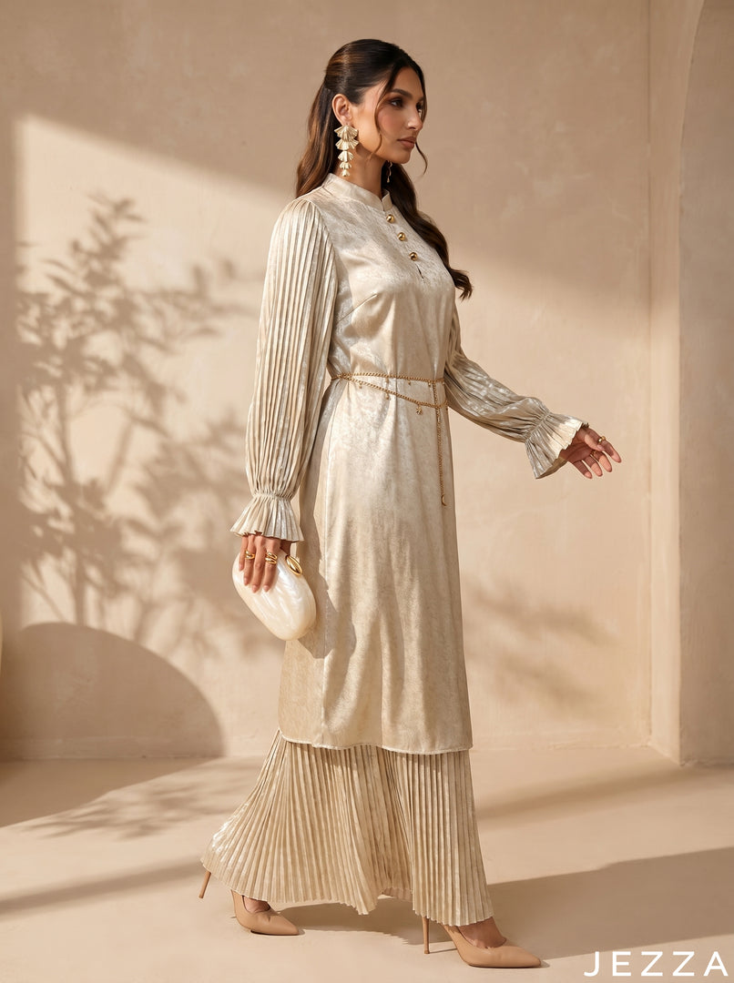 Bloom Cascade: Mandarin Collar Satin Dress 87911