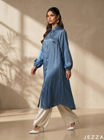 Load image into Gallery viewer, Regal Contrast: Blue &amp; Gold Stripe Midi Top 86434