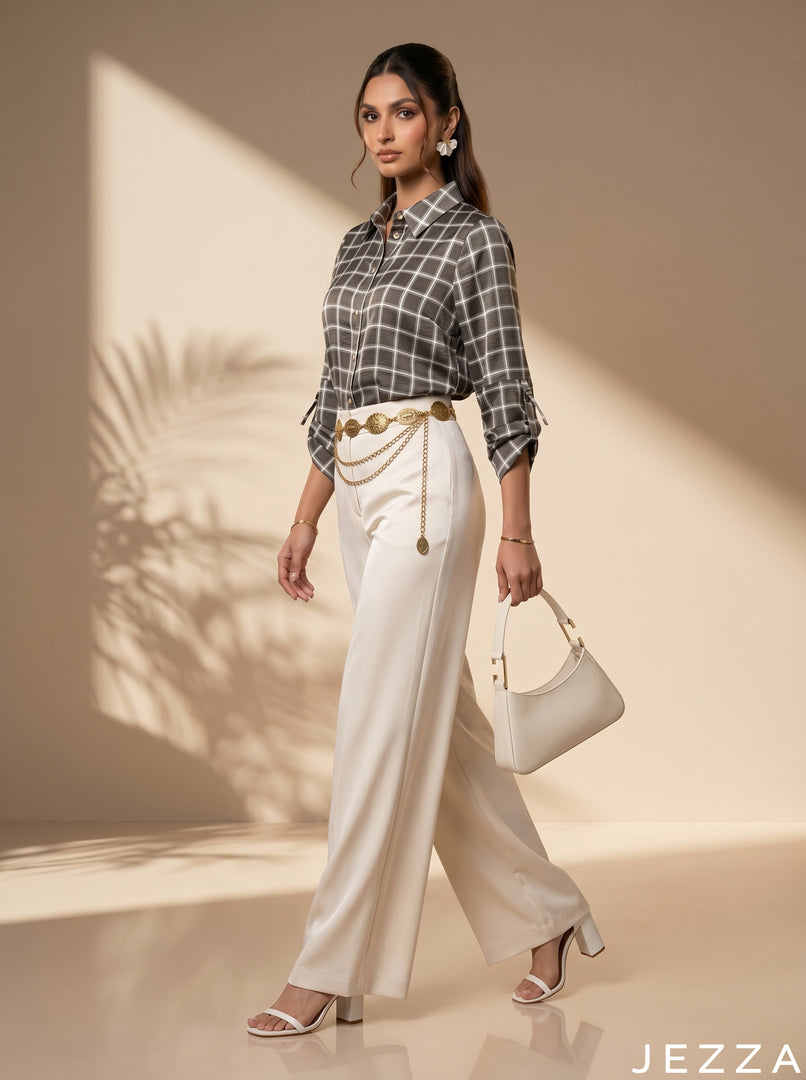 Contemporary Chic: Windowpane Grid Satin Top 82441