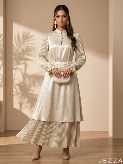 Bloom Cascade: Mandarin Collar Satin Dress 87911