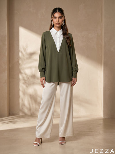 Natural Contrast: White & Olive Green Top 76002