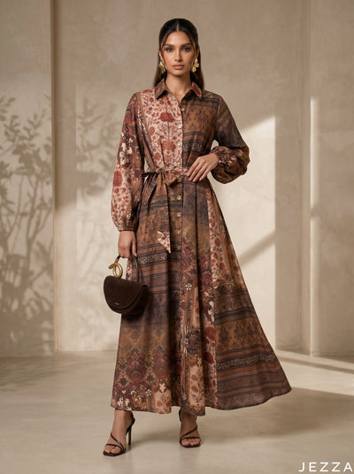 Opulent Fusion: Baroque Patchwork A-Line Dress 88001