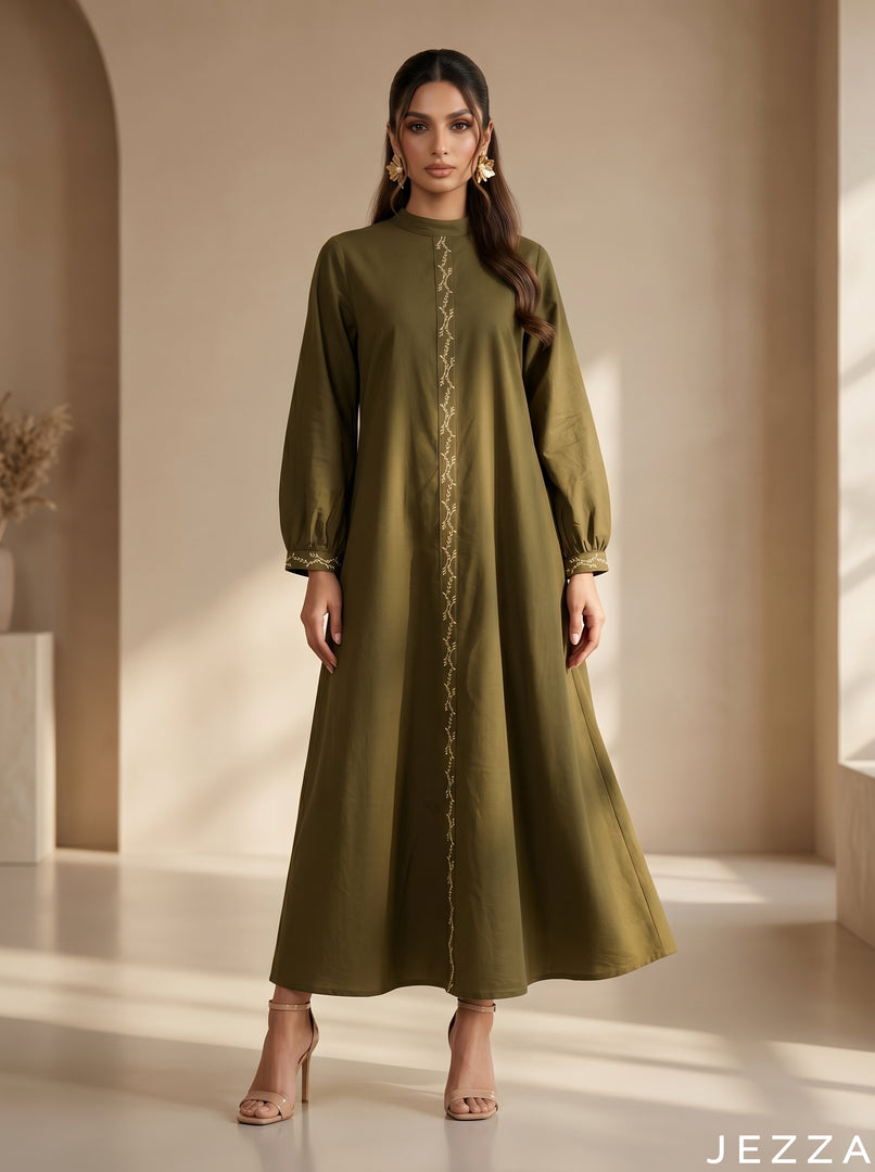 Verdant Form: Army Green A-Line Dress 75601