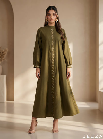 Verdant Form: Army Green A-Line Dress 75601