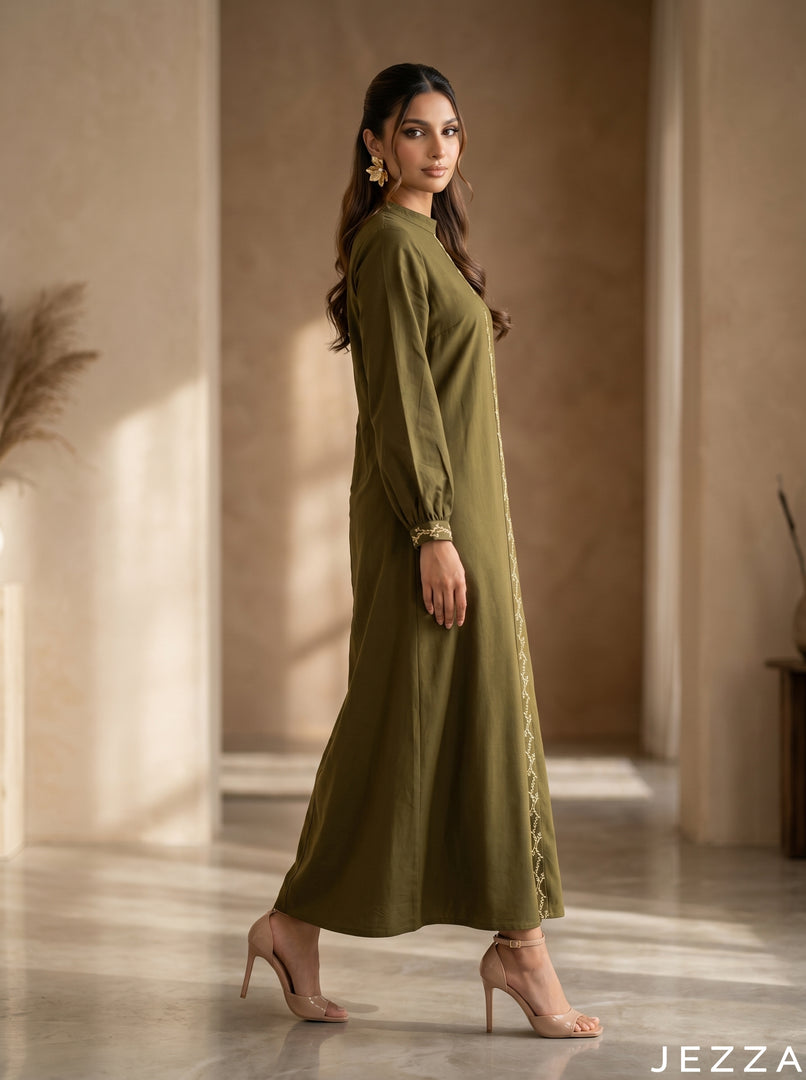 Verdant Form: Army Green A-Line Dress 75601