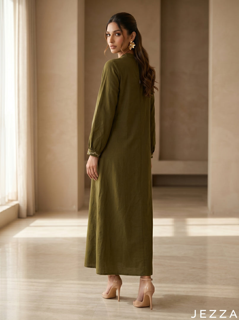 Verdant Form: Army Green A-Line Dress 75601