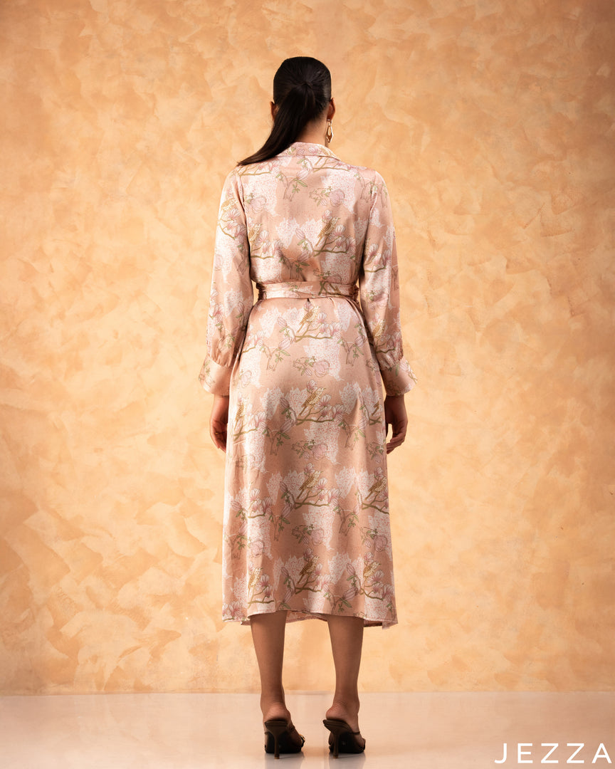 Silken Bloom: Floral Satin Midi Dress 76661