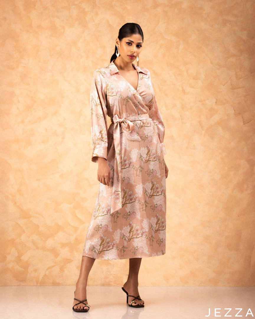 Silken Bloom: Floral Satin Midi Dress 76661