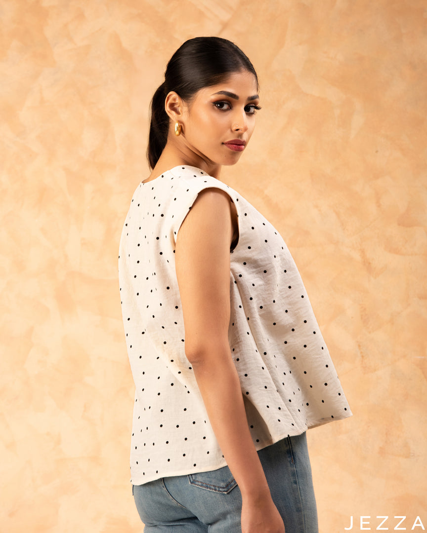 Playful Charm: White & Black Dot Cotton Hip Top 77041