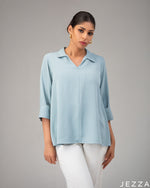 Load image into Gallery viewer, Textured Charm: Blue Collared Hip Top 77691