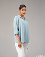 Load image into Gallery viewer, Textured Charm: Blue Collared Hip Top 77691