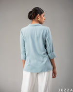 Load image into Gallery viewer, Textured Charm: Blue Collared Hip Top 77691