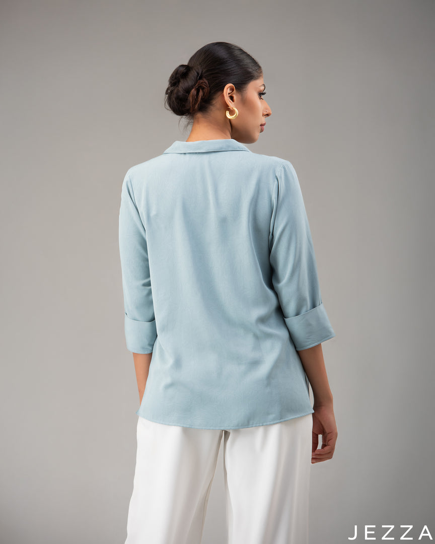 Textured Charm: Blue Collared Hip Top 77691