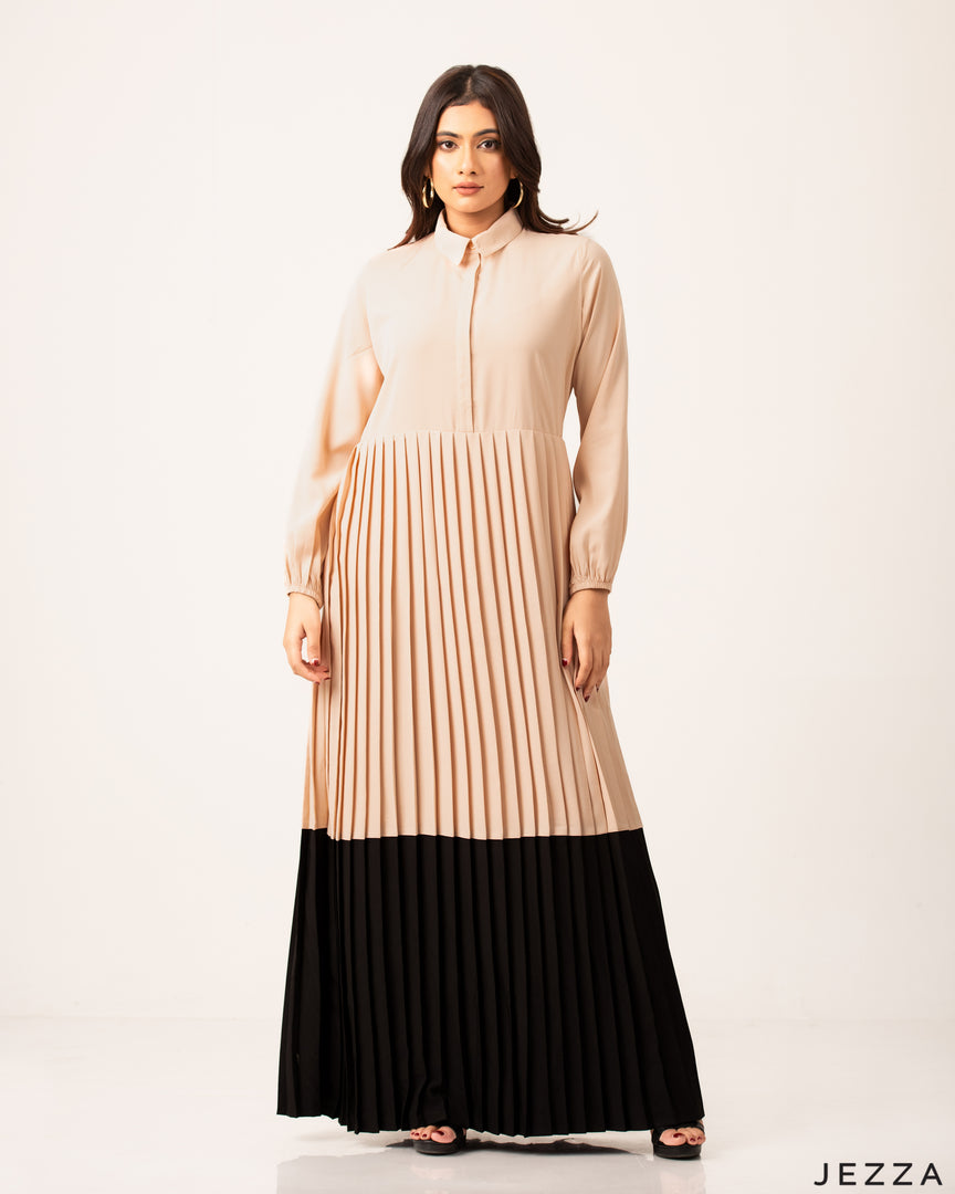 Polyester Color-Block Pleated Dress 54211