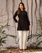 Load image into Gallery viewer, Classic Poise: Black Round-Neck Below-Hip Top 75982