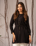 Load image into Gallery viewer, Classic Poise: Black Round-Neck Below-Hip Top 75982