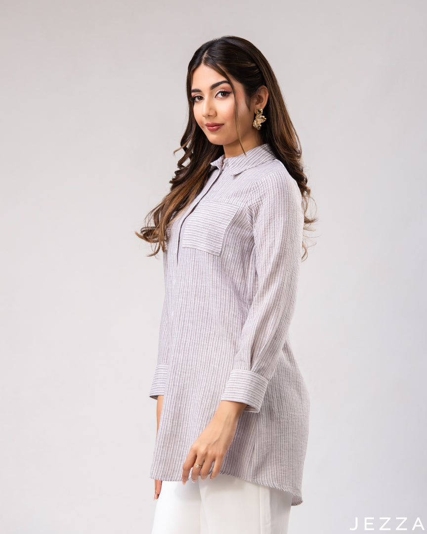 Striped Charm: Collared Below-Hip Top 76011