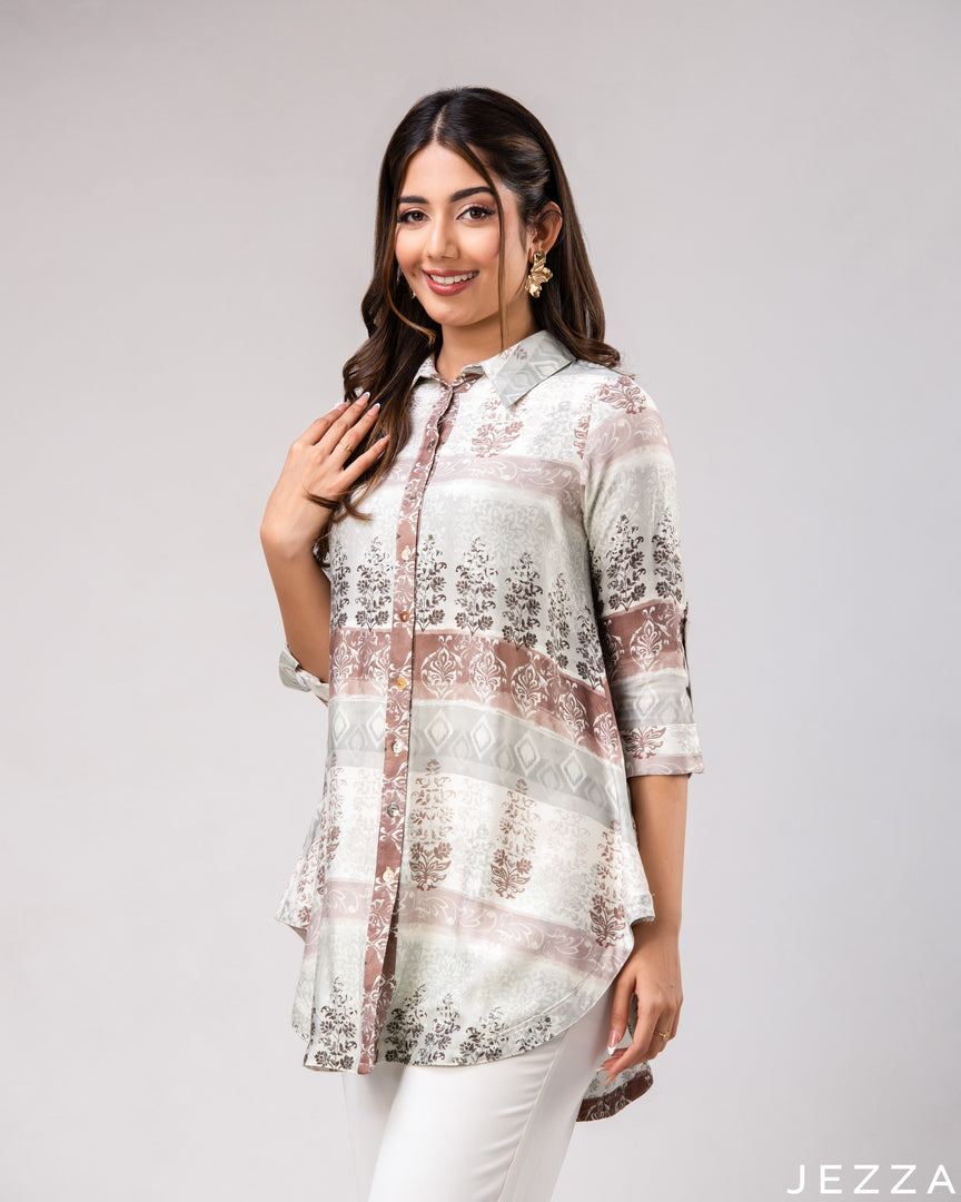 Artful Harmony: Patchwork Collared Below-Hip Top 77741