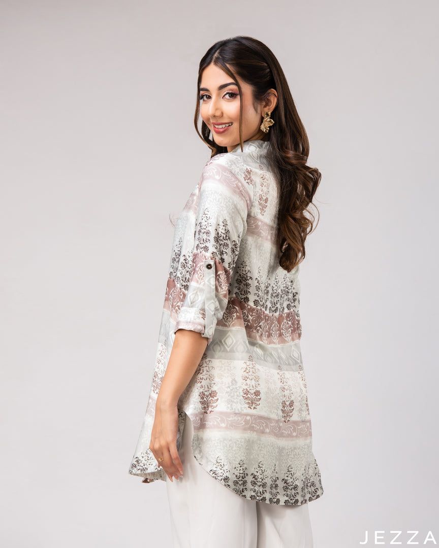 Artful Harmony: Patchwork Collared Below-Hip Top 77741