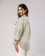 Load image into Gallery viewer, Graphic Ease: Light Green &amp; Black Collared Hip Top 72411