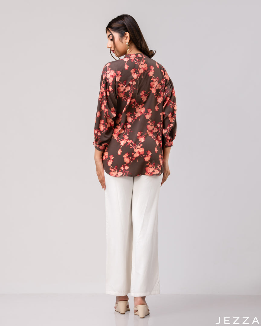 Floral Poise: Mandarin Collar Hip Top 79311