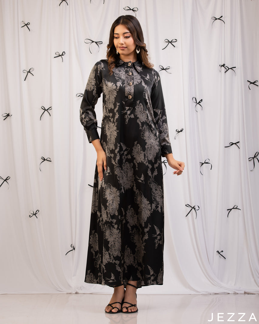 Floral Ease: Satin Hoodie A-Line Dress 79341