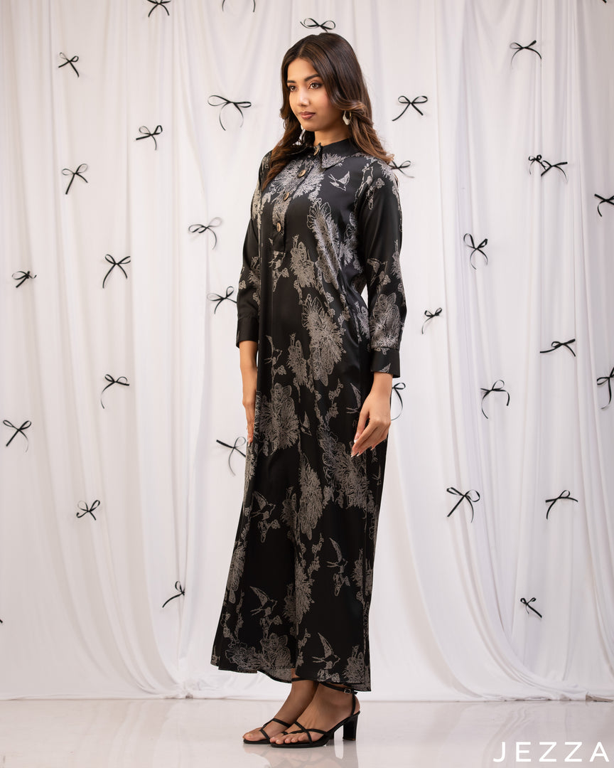 Floral Ease: Satin Hoodie A-Line Dress 79341
