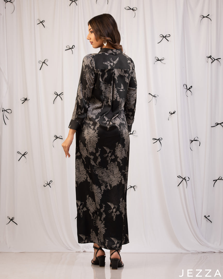 Floral Ease: Satin Hoodie A-Line Dress 79341