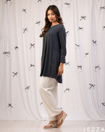 Load image into Gallery viewer, Sleek Comfort: Dark Cyan V-Neck Below-Hip Top 76811