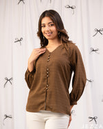 Load image into Gallery viewer, Deep Elegance: Café Noir V-Neck Hip Top 80712