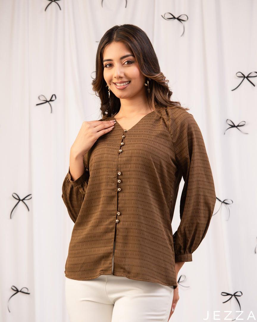 Deep Elegance: Café Noir V-Neck Hip Top 80712