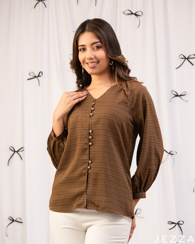 Deep Elegance: Café Noir V-Neck Hip Top 80712