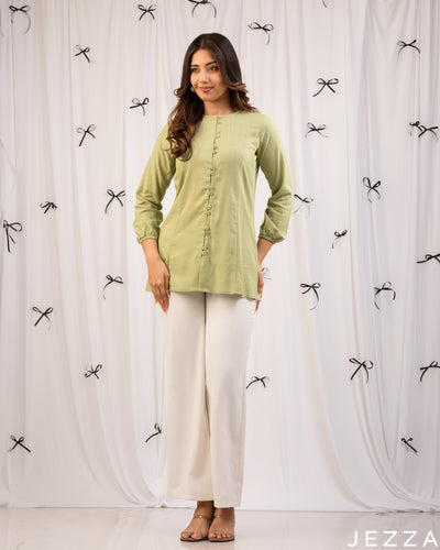 Fresh Ease: Celadon Green Round-Neck Below-Hip Top 71271