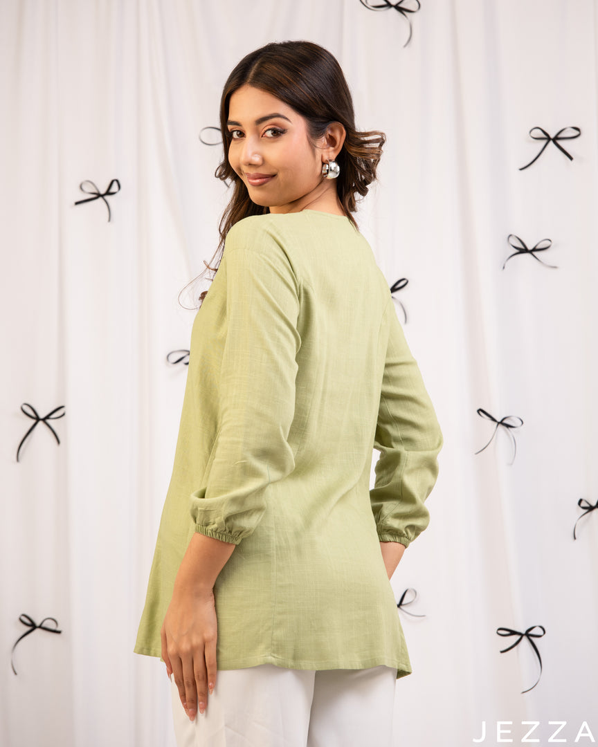 Fresh Ease: Celadon Green Round-Neck Below-Hip Top 71271