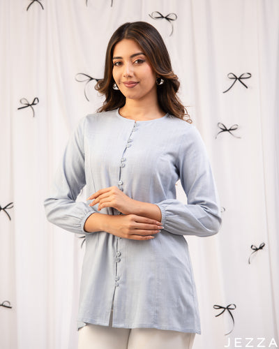Soft Serenity: Baby Sky Blue Round-Neck Below-Hip Top 71272