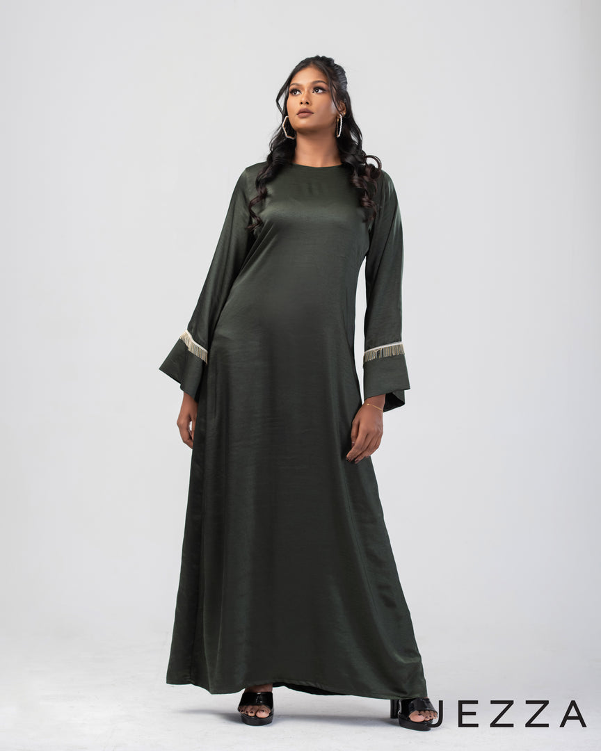 Heavy Satin A-Line Gown with Shimmering Trim 64231