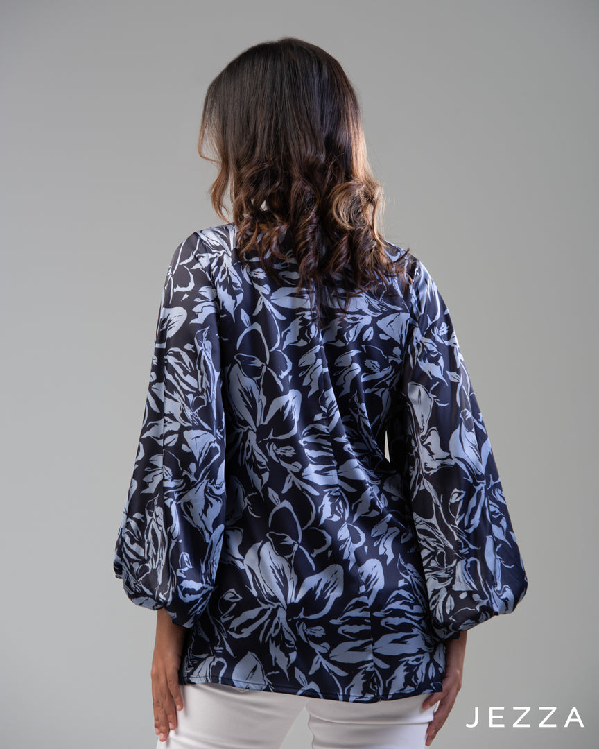 Lustrous Bloom: Printed Satin Balloon Sleeve Top 65811