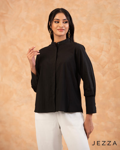 Refined Minimalism: Poly Cotton Mandarin Collar Top 67961