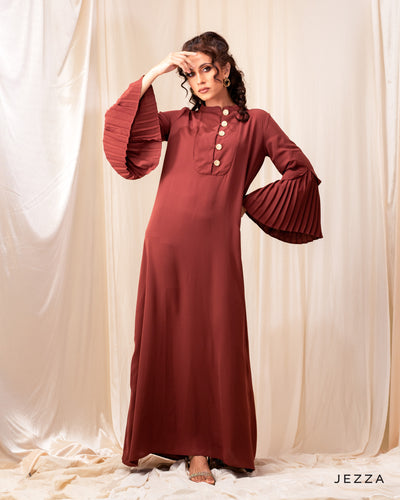 Elegant Mandarin Collar Pleated Sleeve Dress 54222