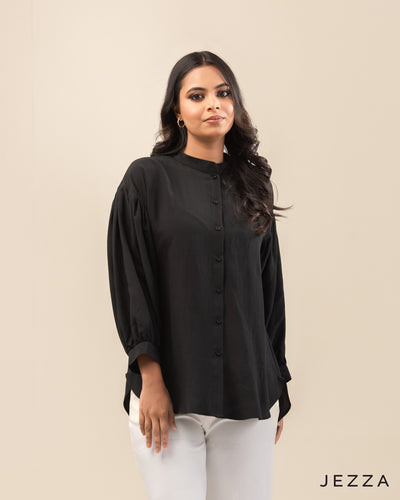 Effortless Poise: Mandarin Collar Drop-Shoulder Top 71921